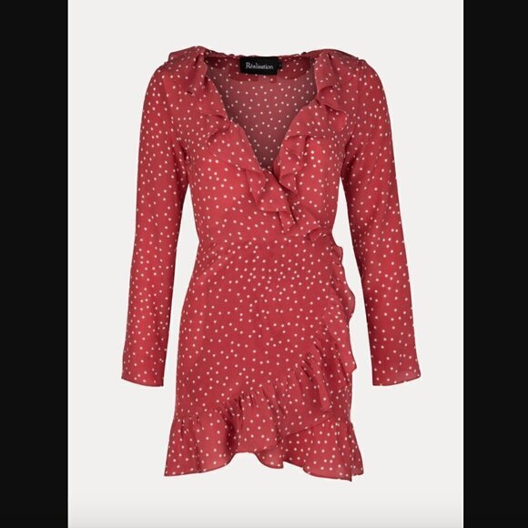 Realisation Par The Alexandra Red Star 100% Silk Long Sleeve Wrap Mini Dress XXS - Picture 2 of 11